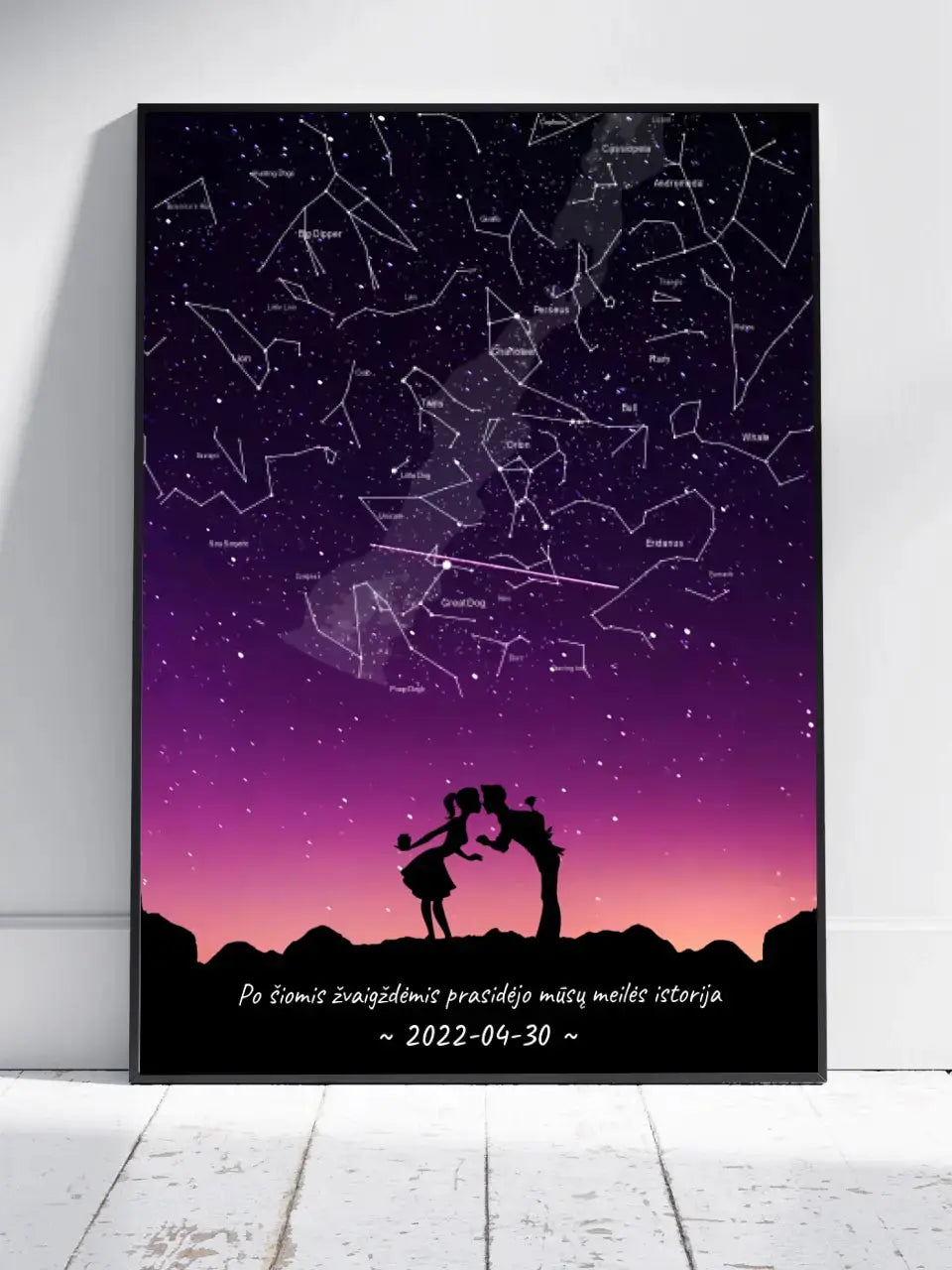 Personalizuotas viso spektro žvaigždžių žemėlapis, plakatas su rėmeliu, su Meilės istorijos pasirinktu siluetu Poster - dovanokis.lt