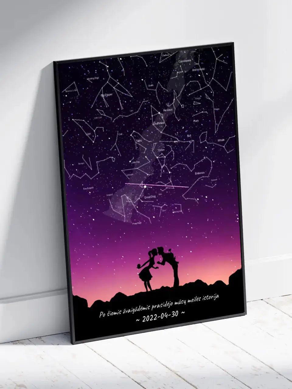 Personalizuotas viso spektro žvaigždžių žemėlapis, plakatas su rėmeliu, su Meilės istorijos pasirinktu siluetu Poster - dovanokis.lt
