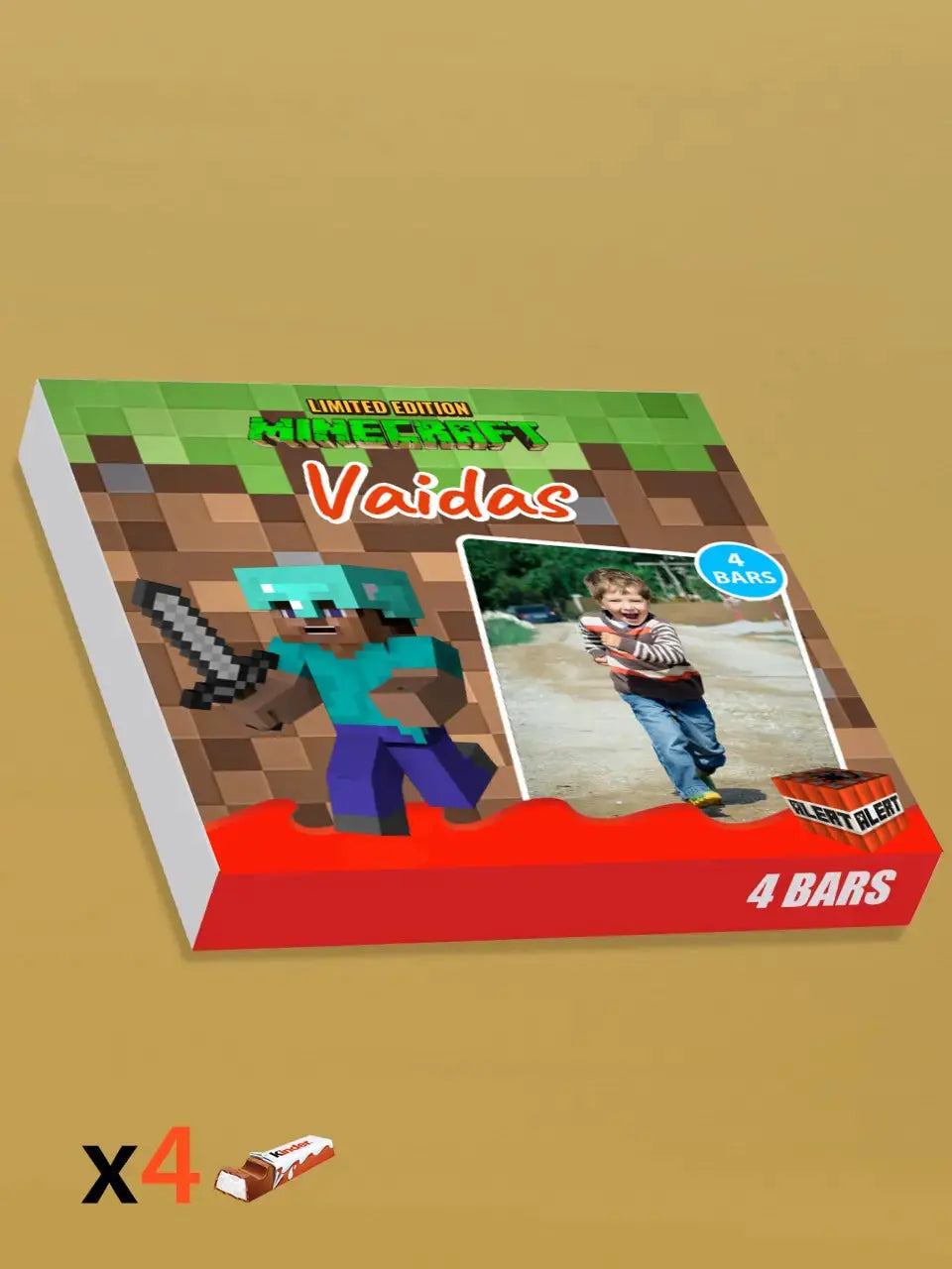 Personalizuota Kinder 4 batonėlių šokoladinė dėžutė su jūsų nuotrauka ir vardu minecraft tematikos vaikams TeeInBlue