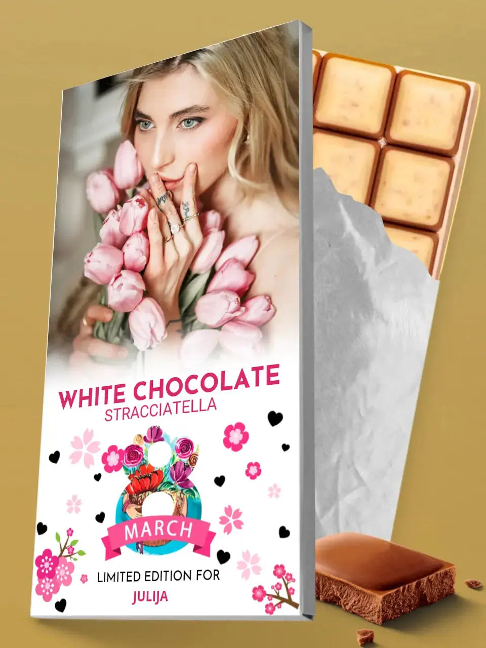 Personalizuotas "Moterų dienos dizainas 2" šokoladas su jūsų nuotrauka TeeInBlue Šokoladas