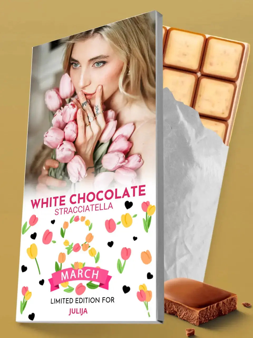 Personalizuotas "Moterų dienos dizainas 3" šokoladas su jūsų nuotrauka TeeInBlue Šokoladas