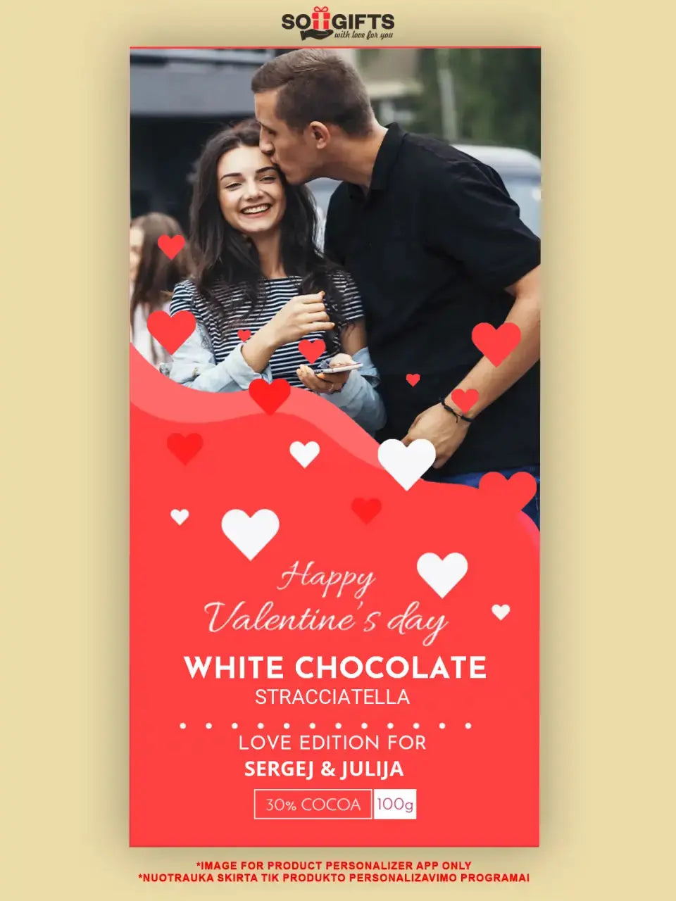 Personalizuotas "Valentino dienos dizainas 3" šokoladas su jūsų nuotrauka TeeInBlue