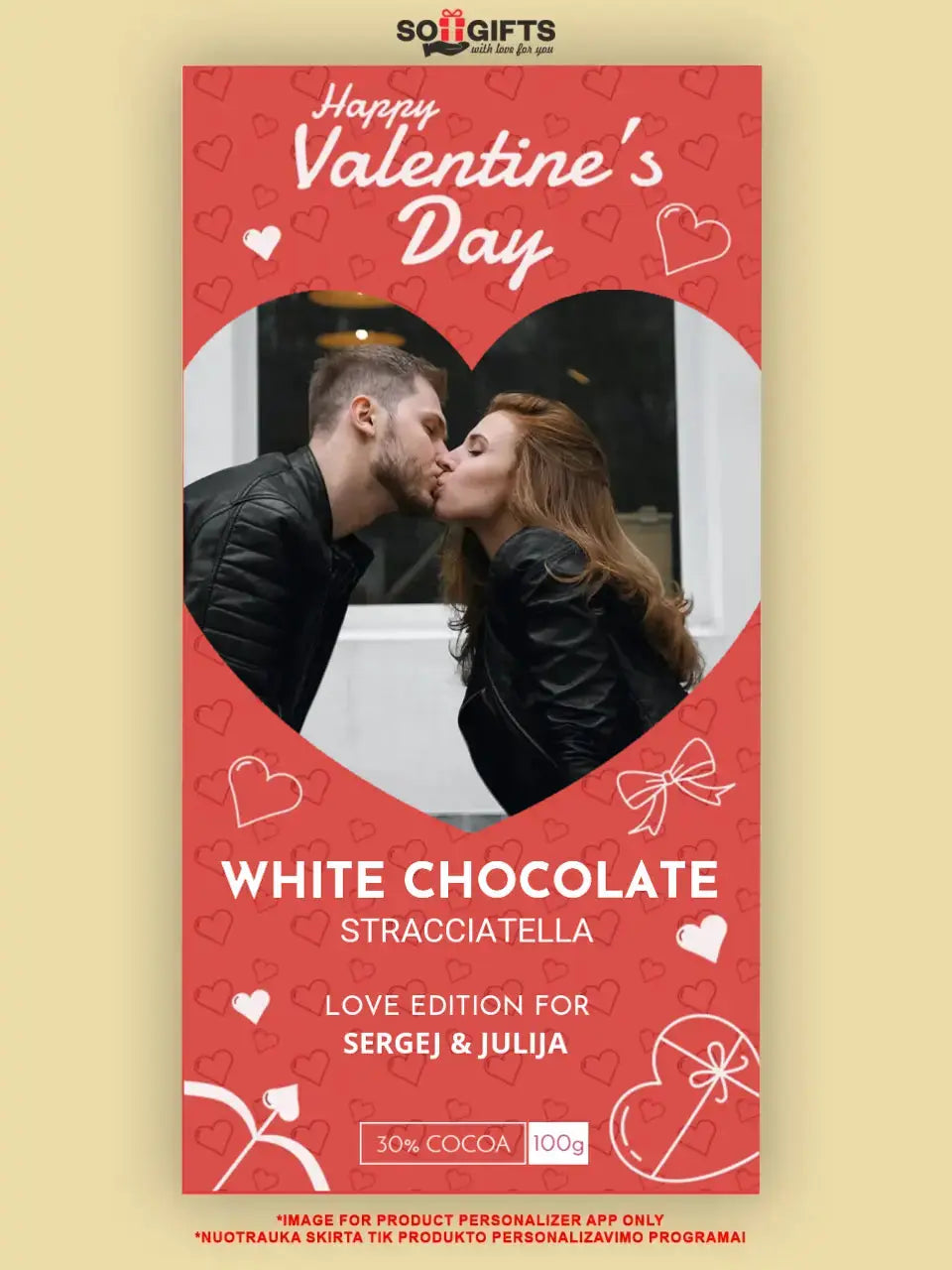 Personalizuotas "Valentino dienos dizainas 2" šokoladas su jūsų nuotrauka TeeInBlue
