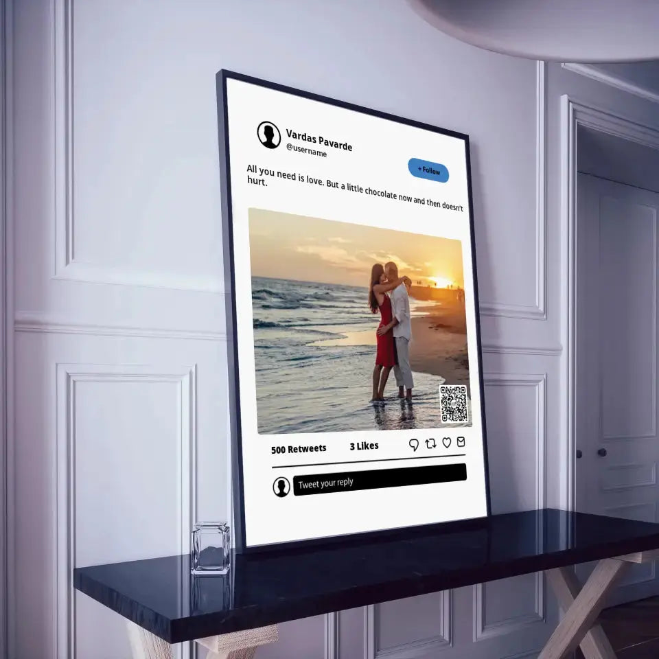 Personalizuotas "Twitter" dizaino įrėmintas plakatas su jūsų nuotrauka ir tekstu Posteris(Plakatas) - dovanokis.lt