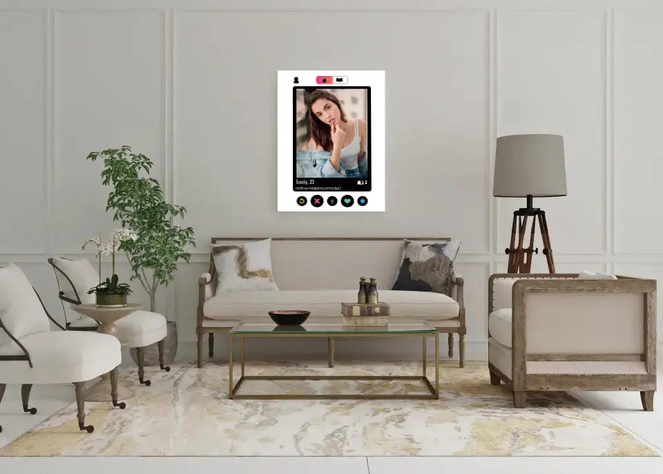 Personalizuotas "Tinder" dizaino kūrinys ant drobės su jūsų nuotrauka ir tekstu Drobe - dovanokis.lt