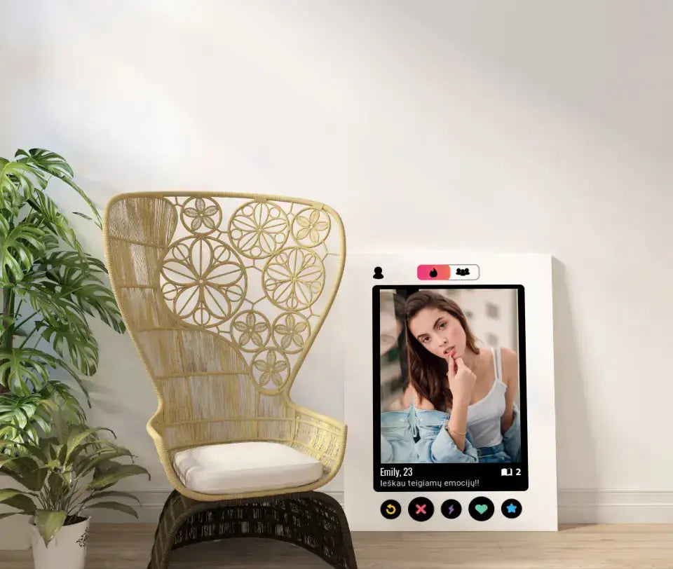 Personalizuotas "Tinder" dizaino kūrinys ant drobės su jūsų nuotrauka ir tekstu Drobe - dovanokis.lt