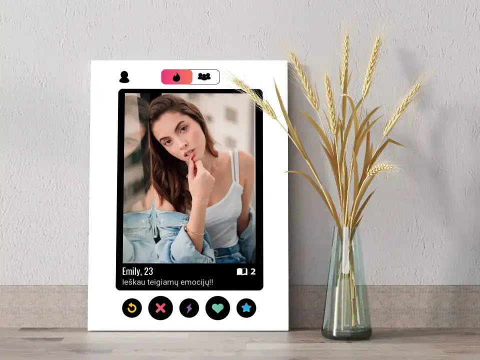 Personalizuotas "Tinder" dizaino kūrinys ant drobės su jūsų nuotrauka ir tekstu Drobe - dovanokis.lt