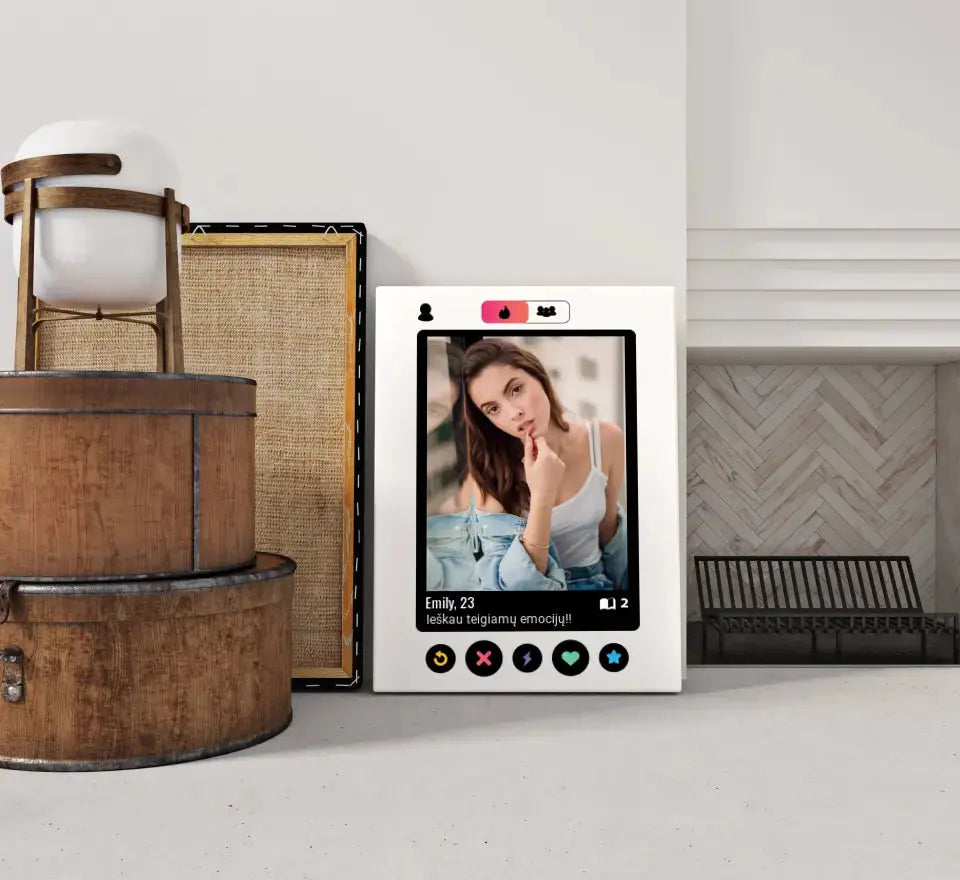 Personalizuotas "Tinder" dizaino kūrinys ant drobės su jūsų nuotrauka ir tekstu Drobe - dovanokis.lt