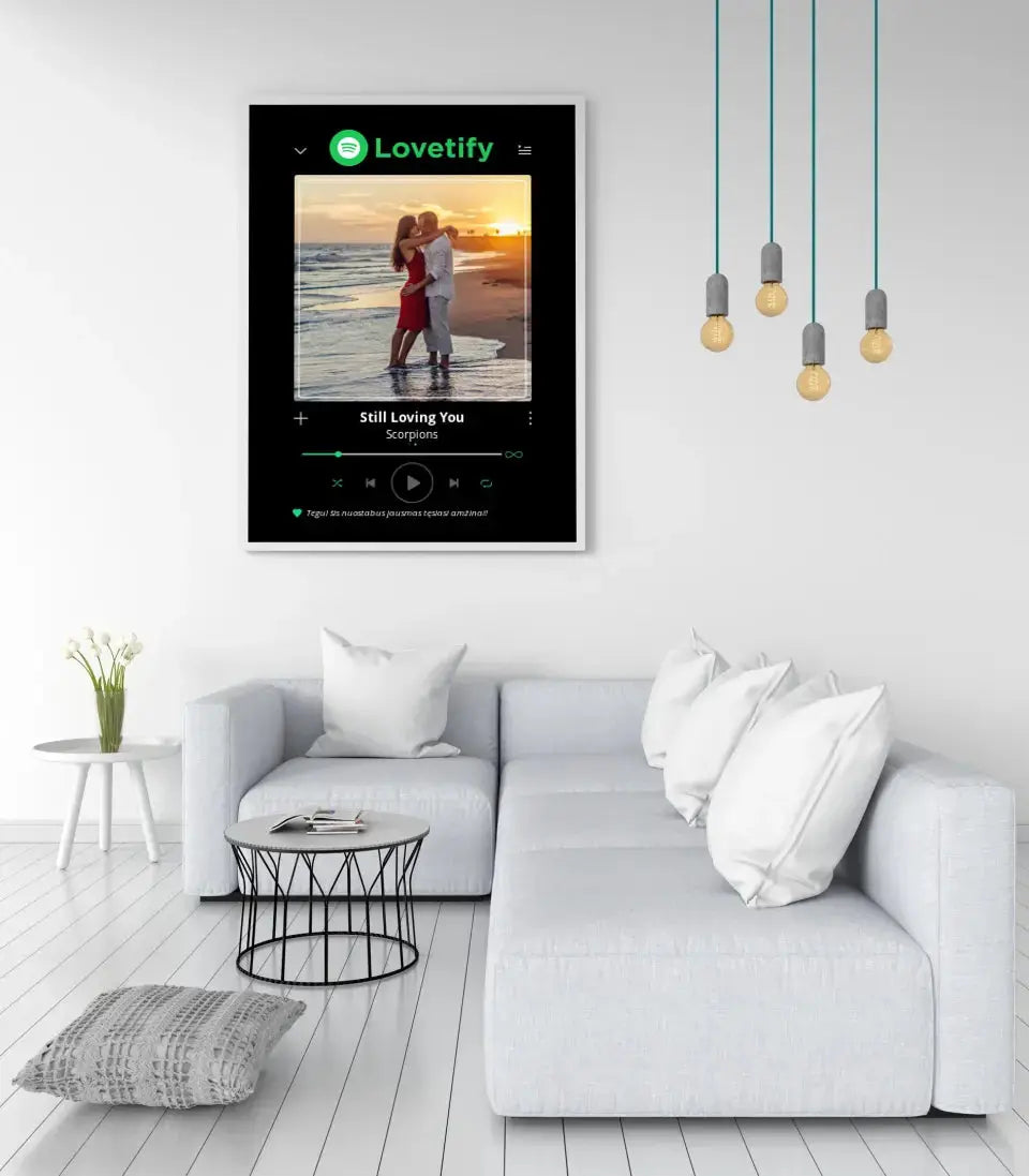 Personalizuotas Lovetify muzikos grotuvo įrėmintas plakatas su jūsų nuotrauka ir daina Posteris(Plakatas) - dovanokis.lt