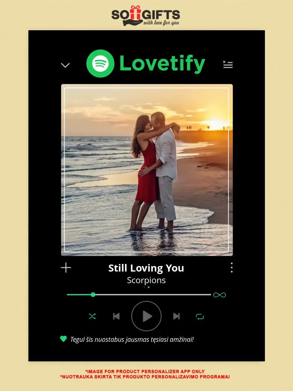 Personalizuotas Lovetify muzikos grotuvas ant drobės su jūsų nuotrauka ir daina Drobe - dovanokis.lt