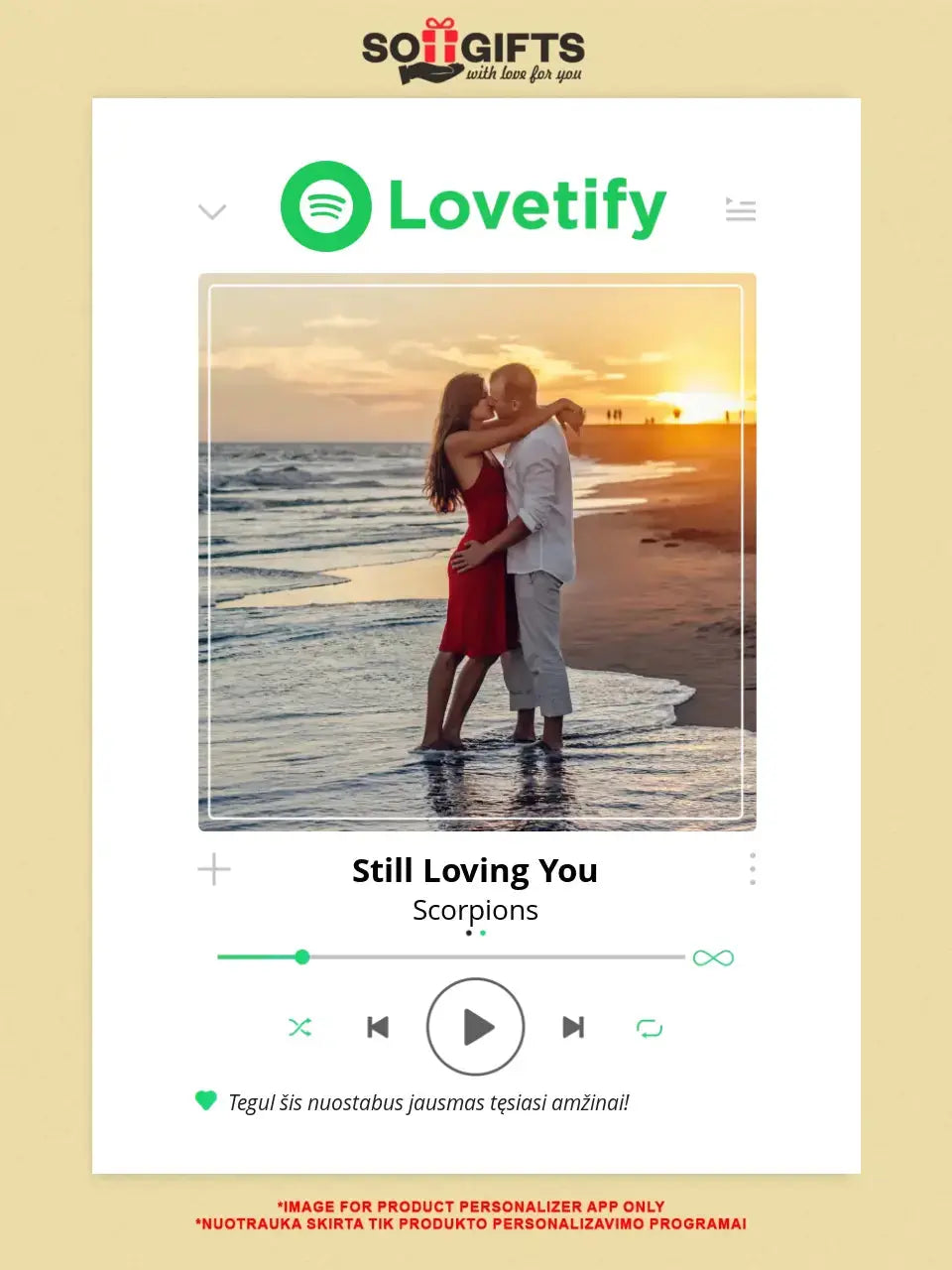 Personalizuotas Lovetify muzikos grotuvas ant drobės su jūsų nuotrauka ir daina Drobe - dovanokis.lt