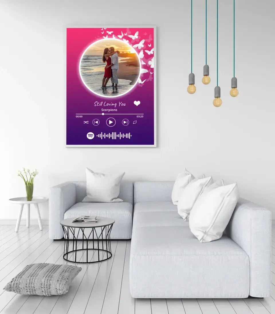 Personalizuotas Spotify muzikos grotuvo įrėmintas plakatas su jūsų nuotrauka, daina ir spotify kodu Posteris(Plakatas) - dovanokis.lt