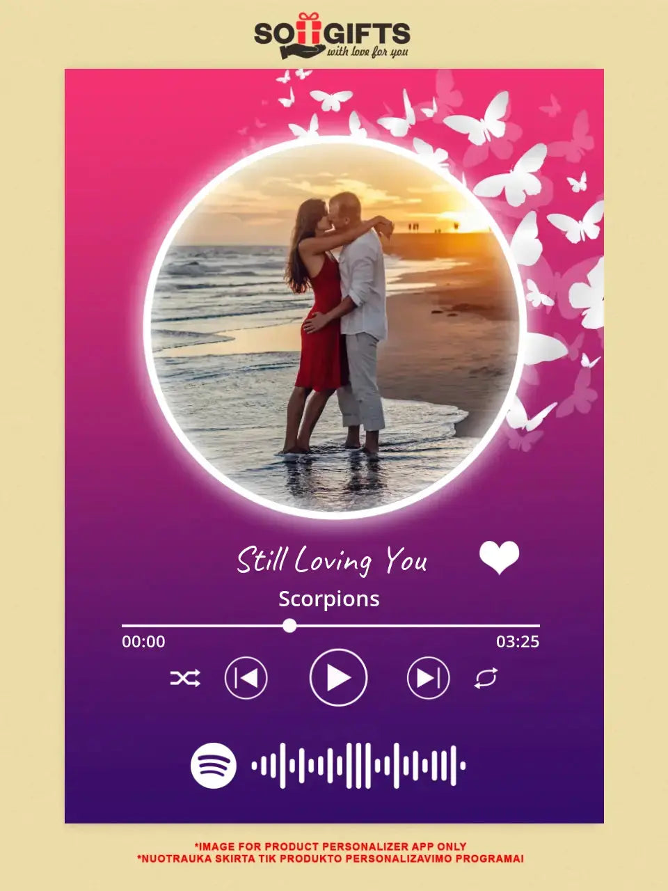 Personalizuotas Spotify muzikos grotuvas ant drobės su jūsų nuotrauka, daina ir spotify kodu Drobe - dovanokis.lt