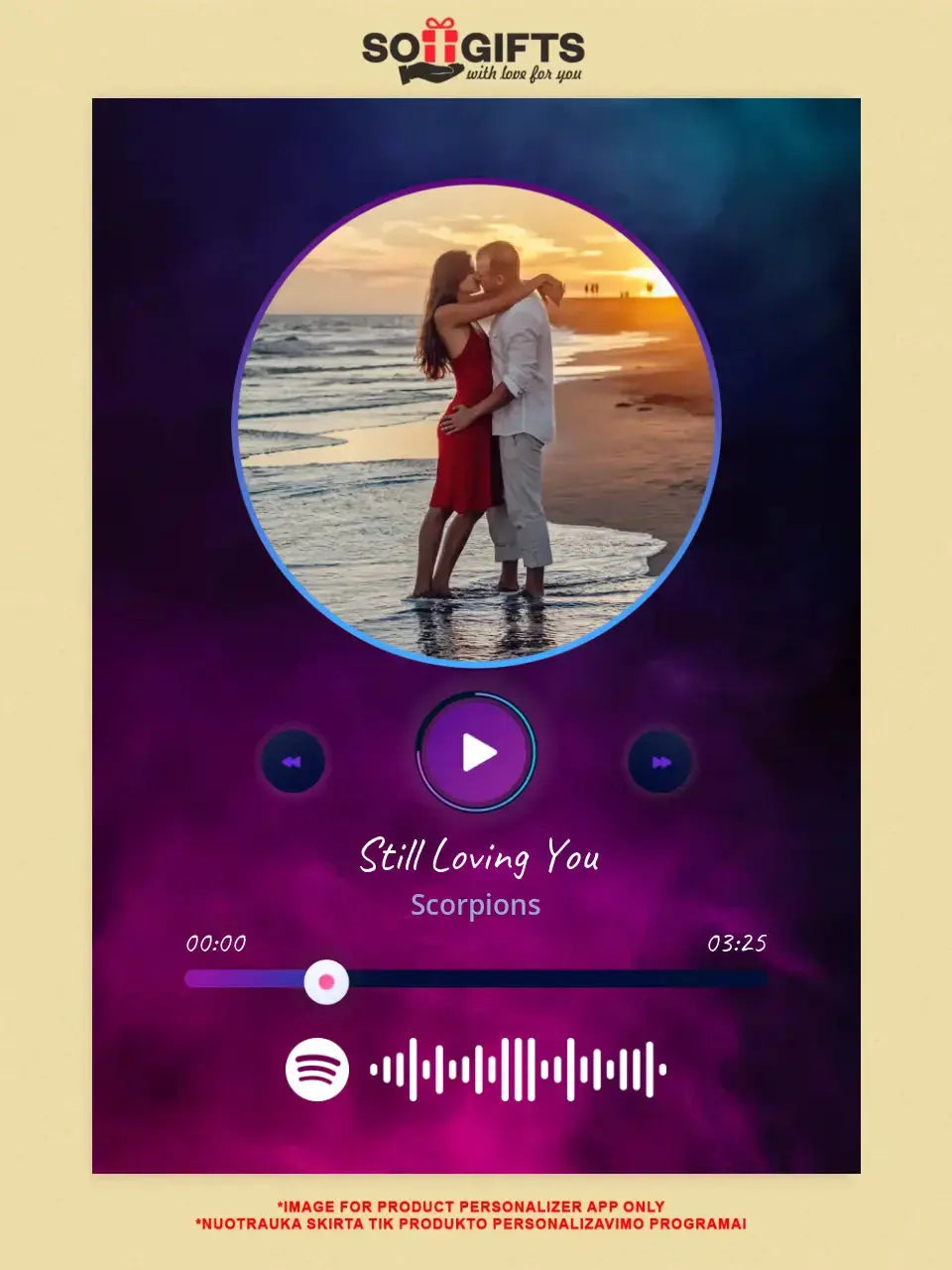 Personalizuotas Spotify muzikos grotuvas ant drobės su jūsų nuotrauka, daina ir spotify kodu Drobe - dovanokis.lt