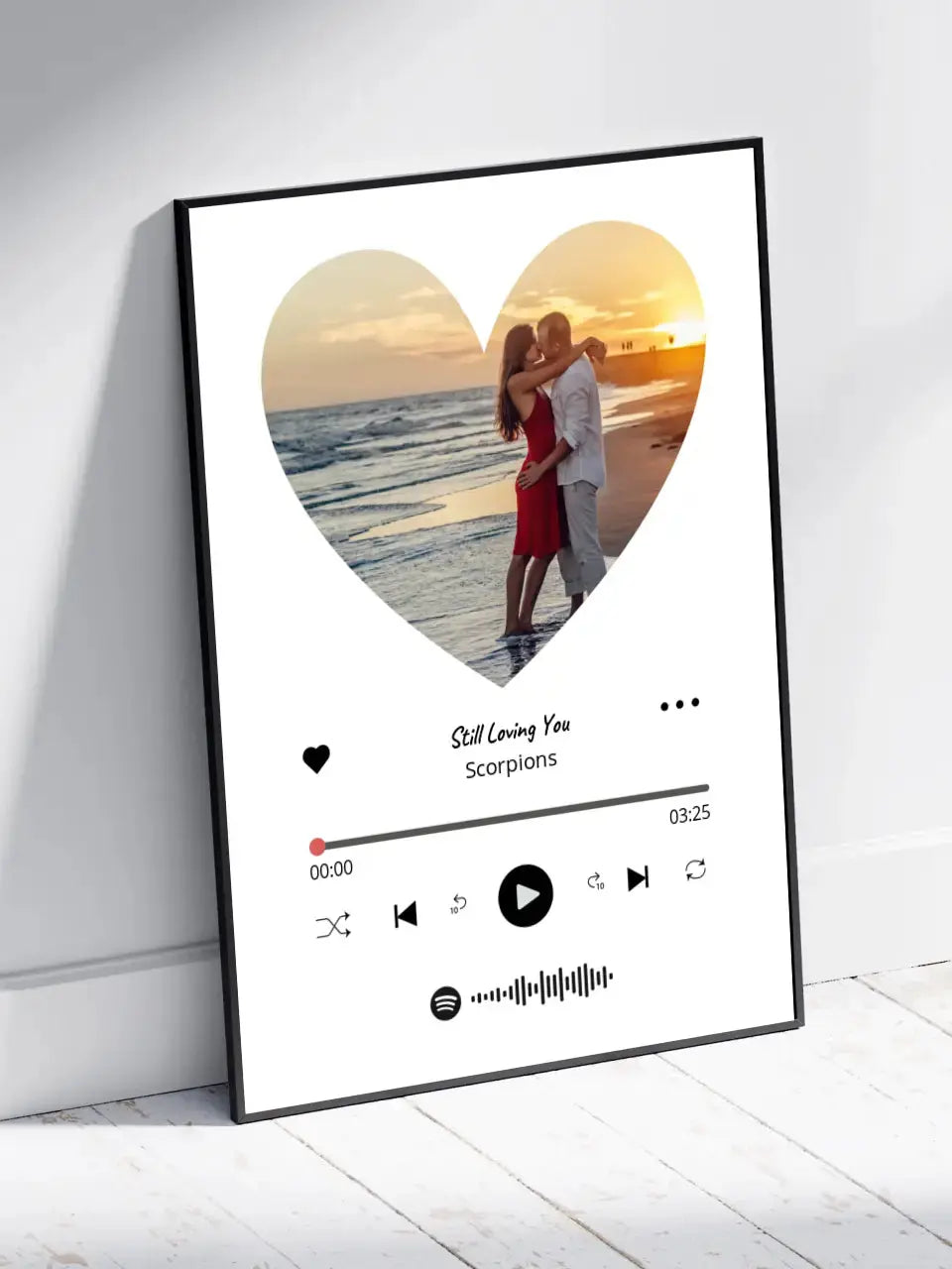Personalizuotas Spotify muzikos grotuvo įrėmintas plakatas su jūsų nuotrauka širdelės formos, daina ir spotify kodu Posteris(Plakatas) - dovanokis.lt