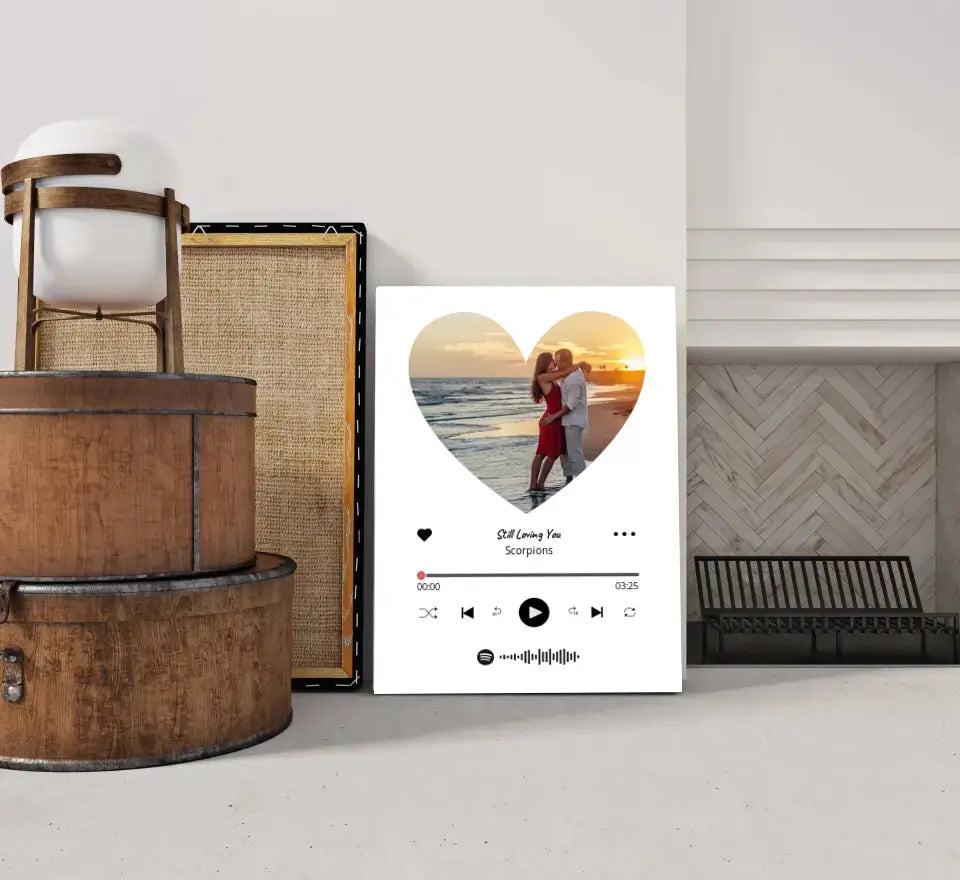 Personalizuotas Spotify muzikos grotuvas ant drobės su jūsų nuotrauka širdelės formos, daina ir spotify kodu Drobe - dovanokis.lt