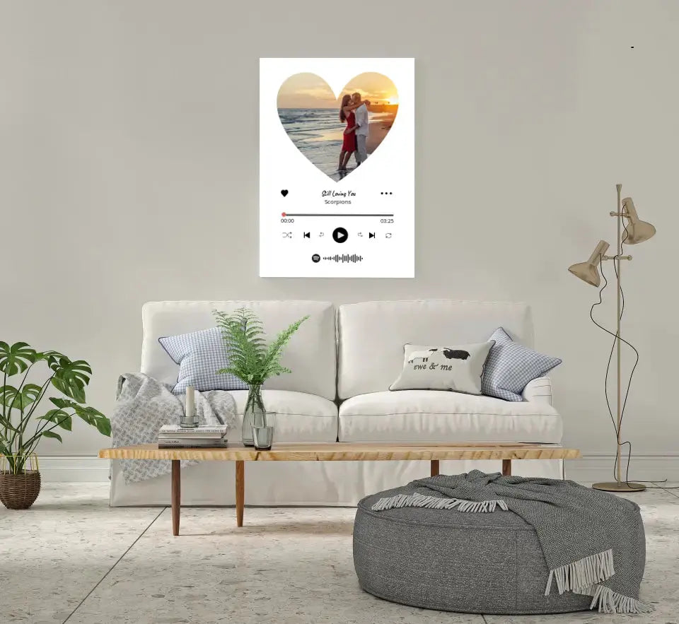 Personalizuotas Spotify muzikos grotuvas ant drobės su jūsų nuotrauka širdelės formos, daina ir spotify kodu Drobe - dovanokis.lt