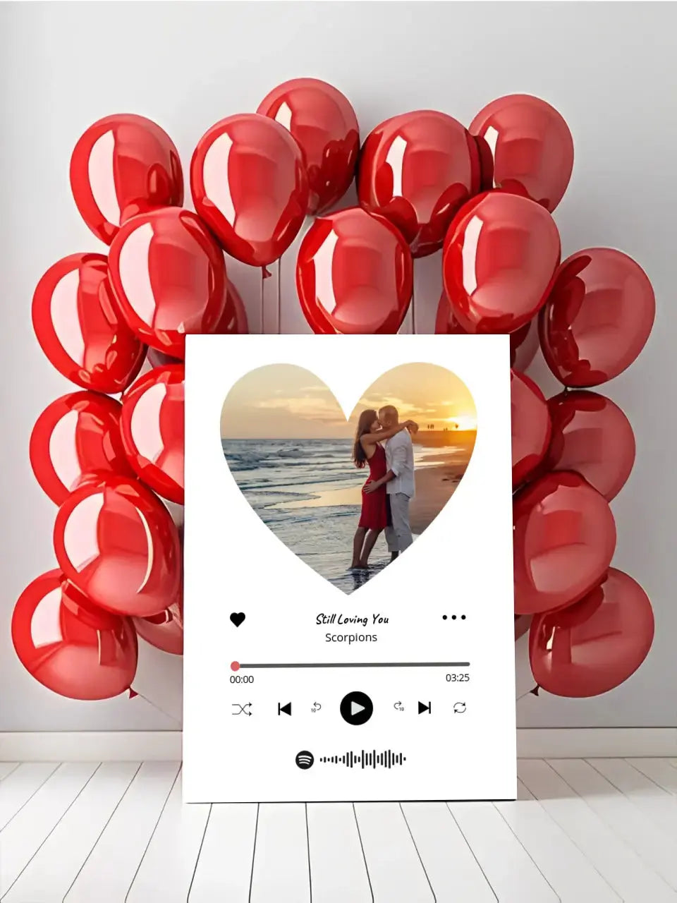 Personalizuotas Spotify muzikos grotuvas ant drobės su jūsų nuotrauka širdelės formos, daina ir spotify kodu Drobe - dovanokis.lt