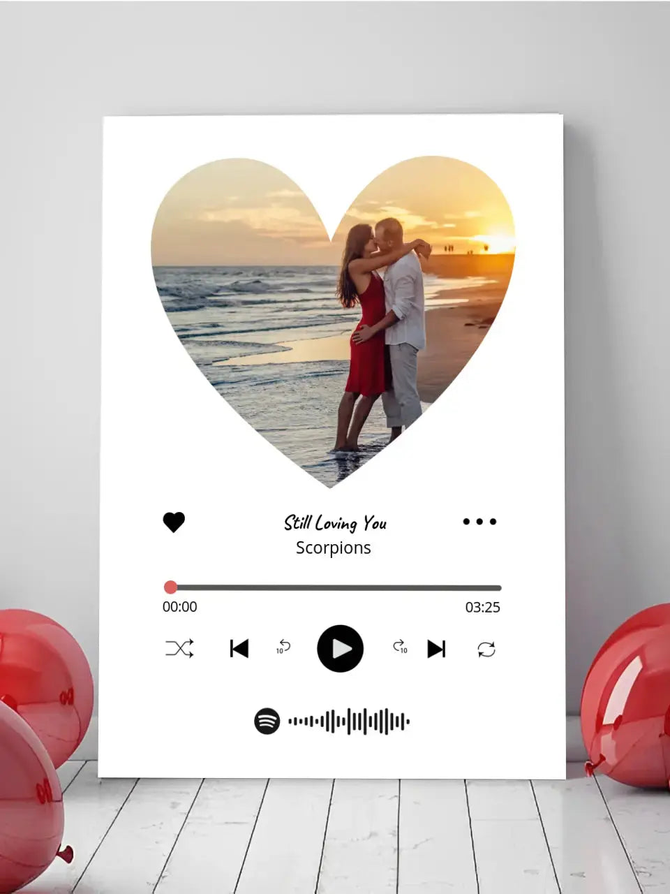 Personalizuotas Spotify muzikos grotuvas ant drobės su jūsų nuotrauka širdelės formos, daina ir spotify kodu Drobe - dovanokis.lt