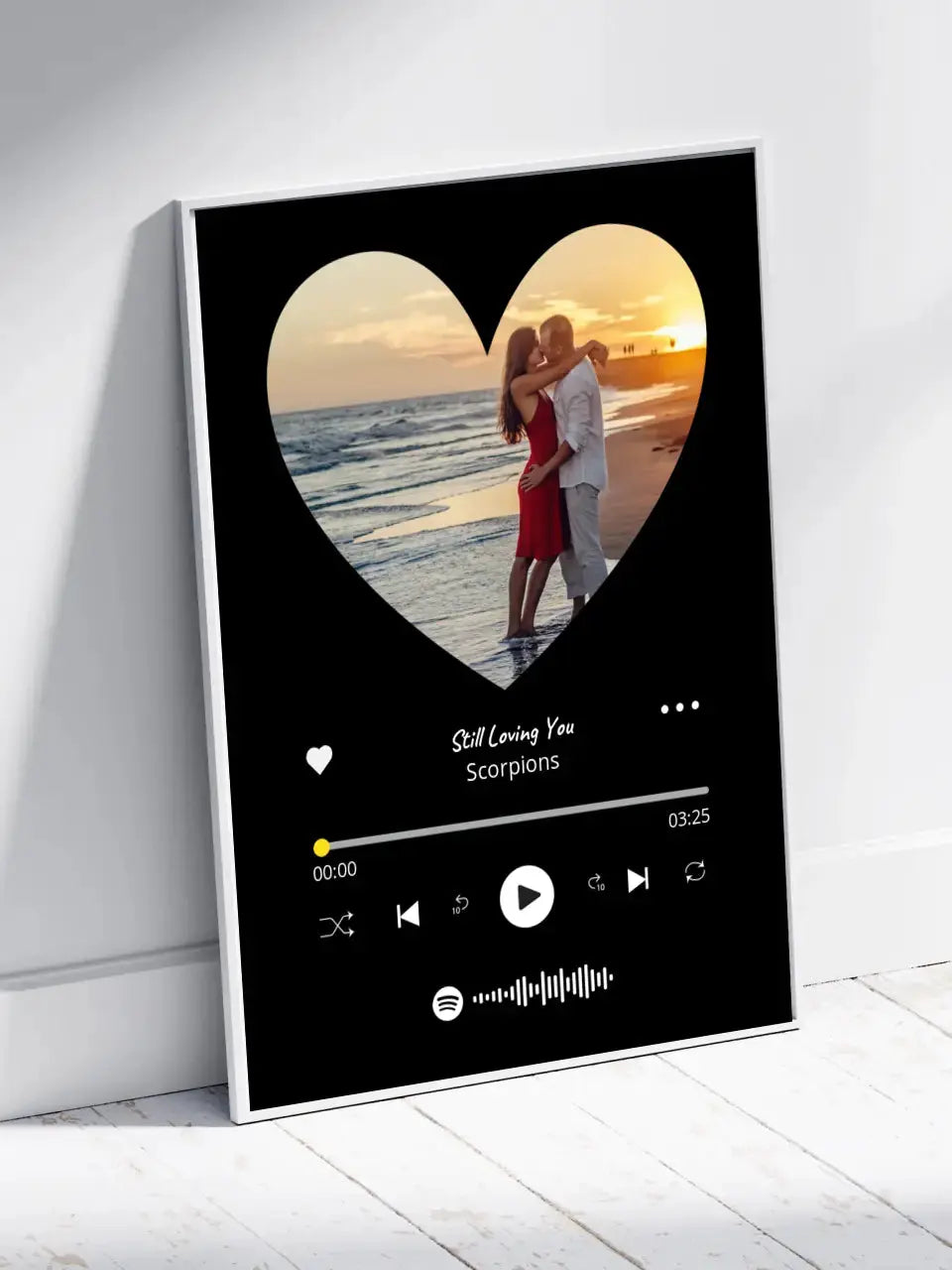 Personalizuotas Spotify muzikos grotuvo įrėmintas plakatas su jūsų nuotrauka širdelės formos, daina ir spotify kodu Posteris(Plakatas) - dovanokis.lt