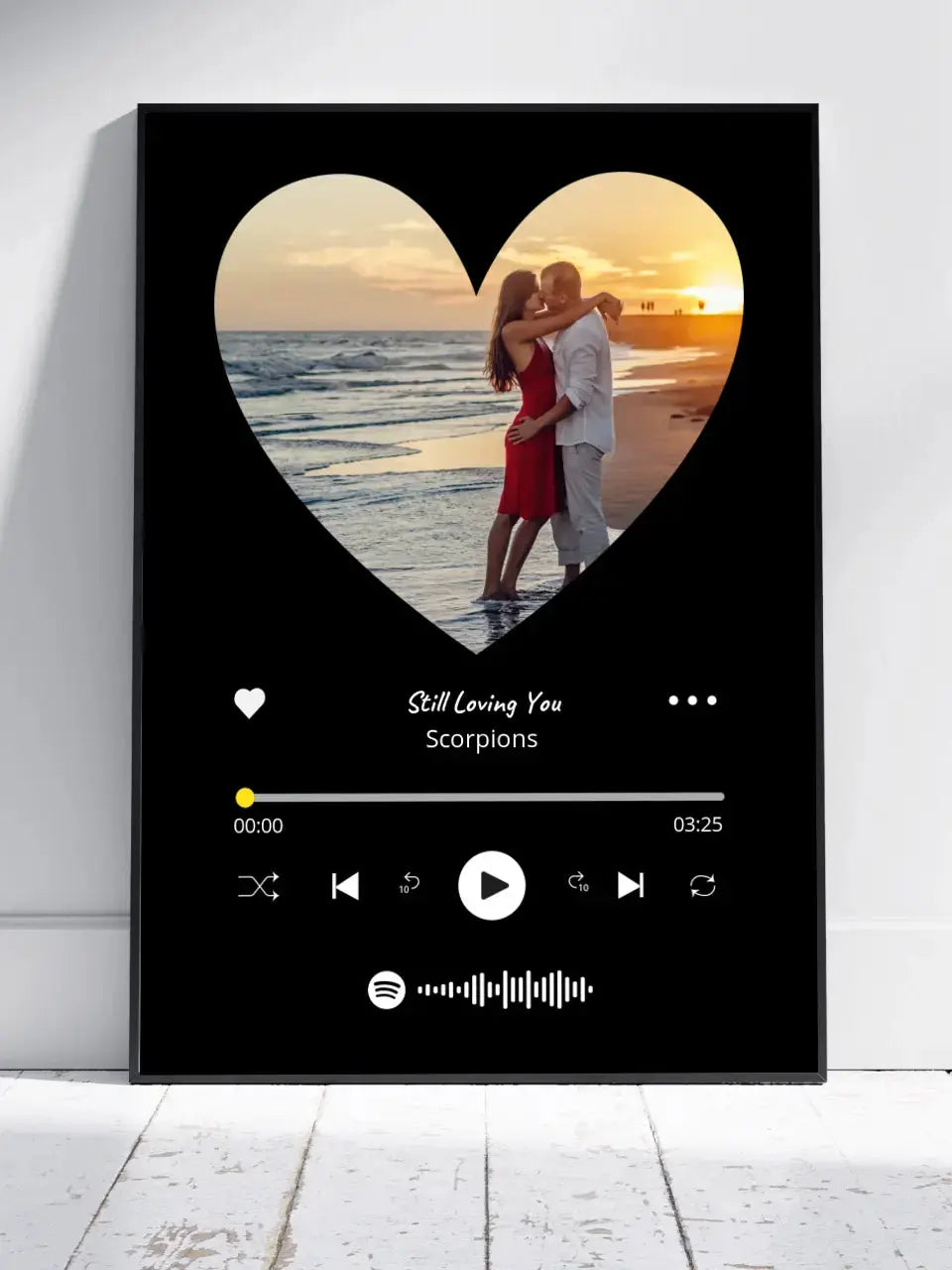 Personalizuotas Spotify muzikos grotuvo įrėmintas plakatas su jūsų nuotrauka širdelės formos, daina ir spotify kodu Posteris(Plakatas) - dovanokis.lt