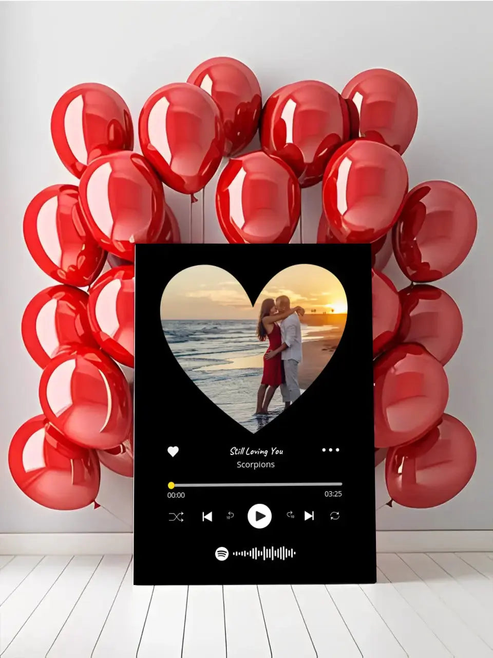 Personalizuotas Spotify muzikos grotuvas ant drobės su jūsų nuotrauka širdelės formos, daina ir spotify kodu Drobe - dovanokis.lt