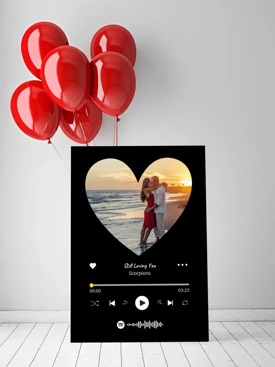 Personalizuotas Spotify muzikos grotuvas ant drobės su jūsų nuotrauka širdelės formos, daina ir spotify kodu Drobe - dovanokis.lt