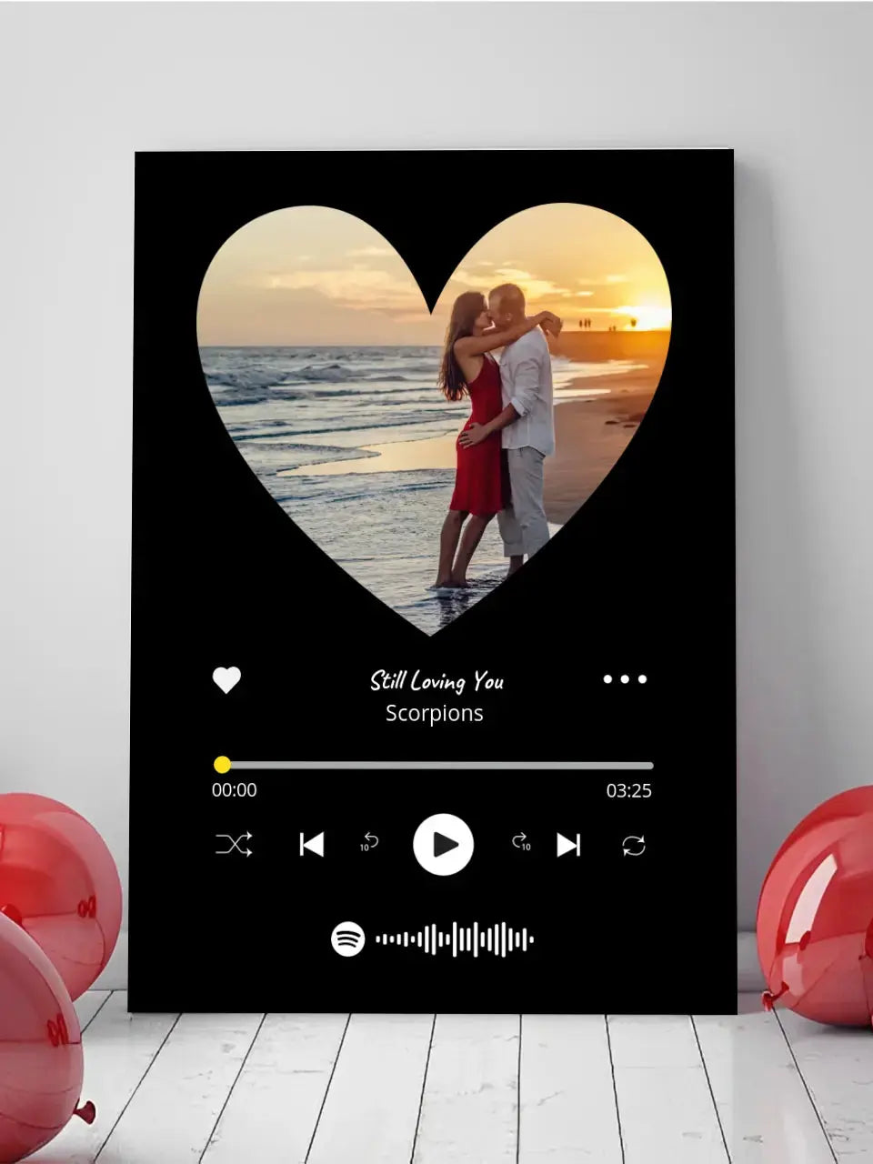 Personalizuotas Spotify muzikos grotuvas ant drobės su jūsų nuotrauka širdelės formos, daina ir spotify kodu Drobe - dovanokis.lt