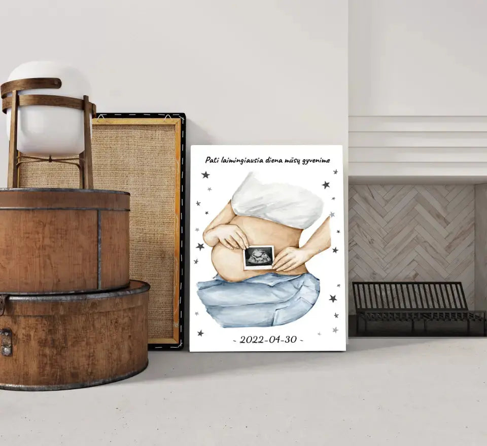 Personalizuota nėščiųjų echoskopijos tyrimo iliustracija su nuotrauką ant drobės, Nėščiųjų ultragarsas, Kūdikių kambario dekoras, Vaisiaus ultragarsinis vaizdas, nauja dovana tėvams Drobe - dovanokis.lt