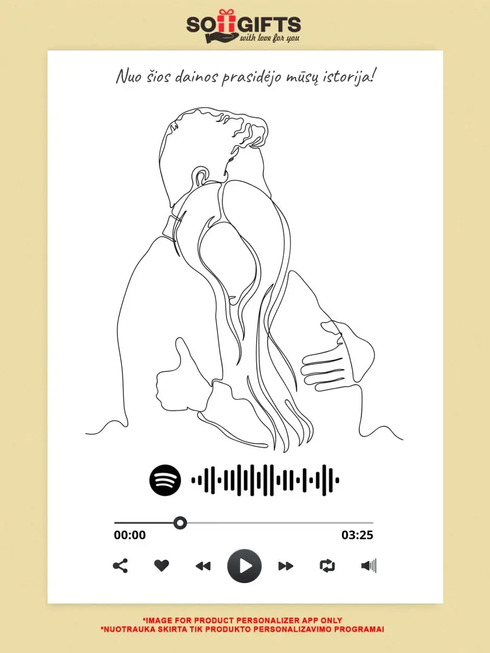 Personalizuotas Spotify muzikos grotuvas ant drobės, šilti apkabinimai iliustracija, su jūsų spotify kodu Drobe - dovanokis.lt