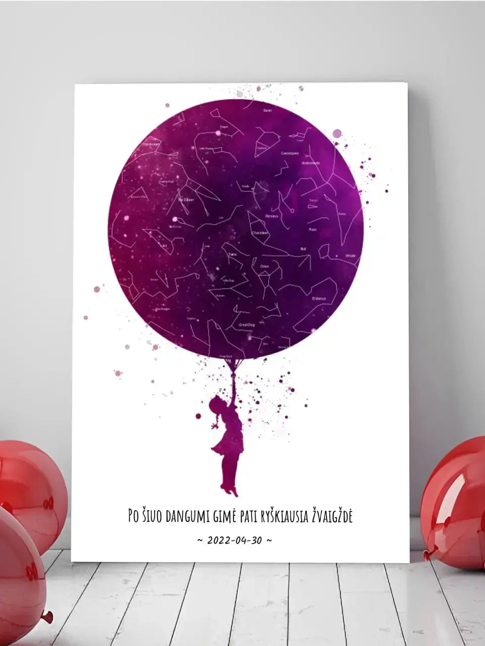 Personalizuotas vaikiškas žvaigždžių žemėlapis mergaitei ant drobės Drobe - dovanokis.lt