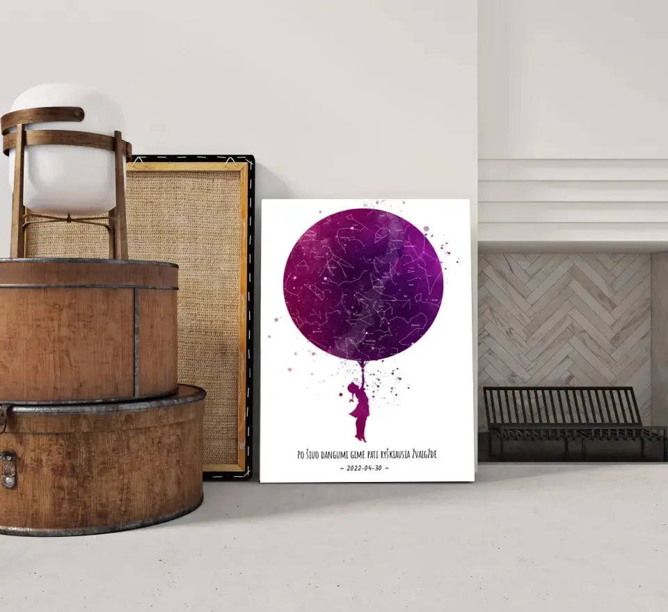 Personalizuotas vaikiškas žvaigždžių žemėlapis mergaitei ant drobės Drobe - dovanokis.lt