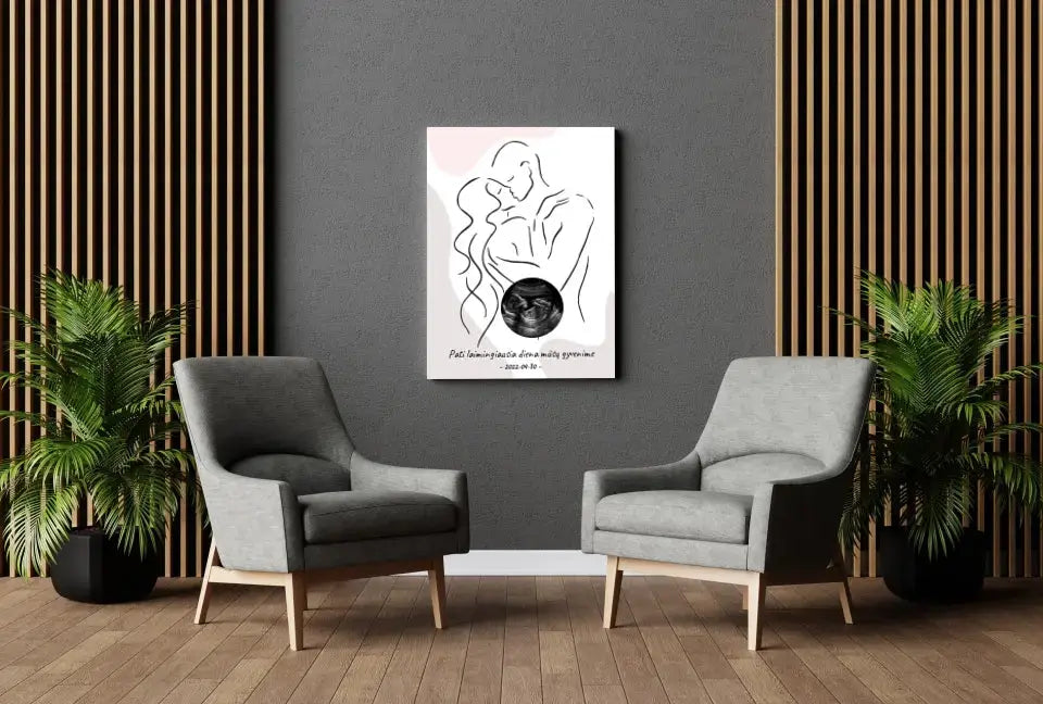 Personalizuotas nėščiųjų echoskopijos tyrimo spaudinys ant drobės, su jūsų nuotrauką ir linijine iliustracija Drobe - dovanokis.lt