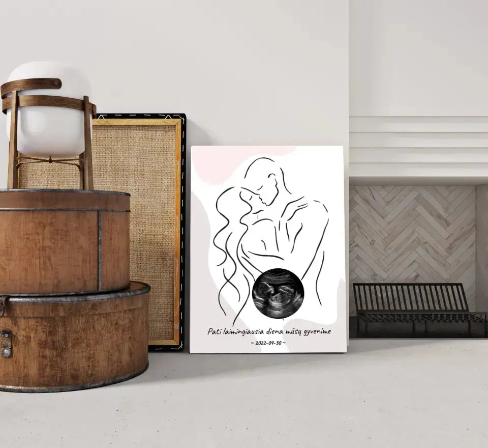 Personalizuotas nėščiųjų echoskopijos tyrimo spaudinys ant drobės, su jūsų nuotrauką ir linijine iliustracija Drobe - dovanokis.lt