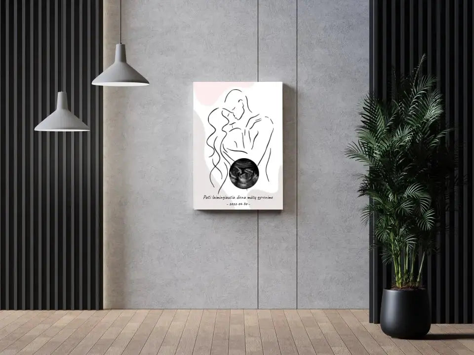 Personalizuotas nėščiųjų echoskopijos tyrimo spaudinys ant drobės, su jūsų nuotrauką ir linijine iliustracija Drobe - dovanokis.lt