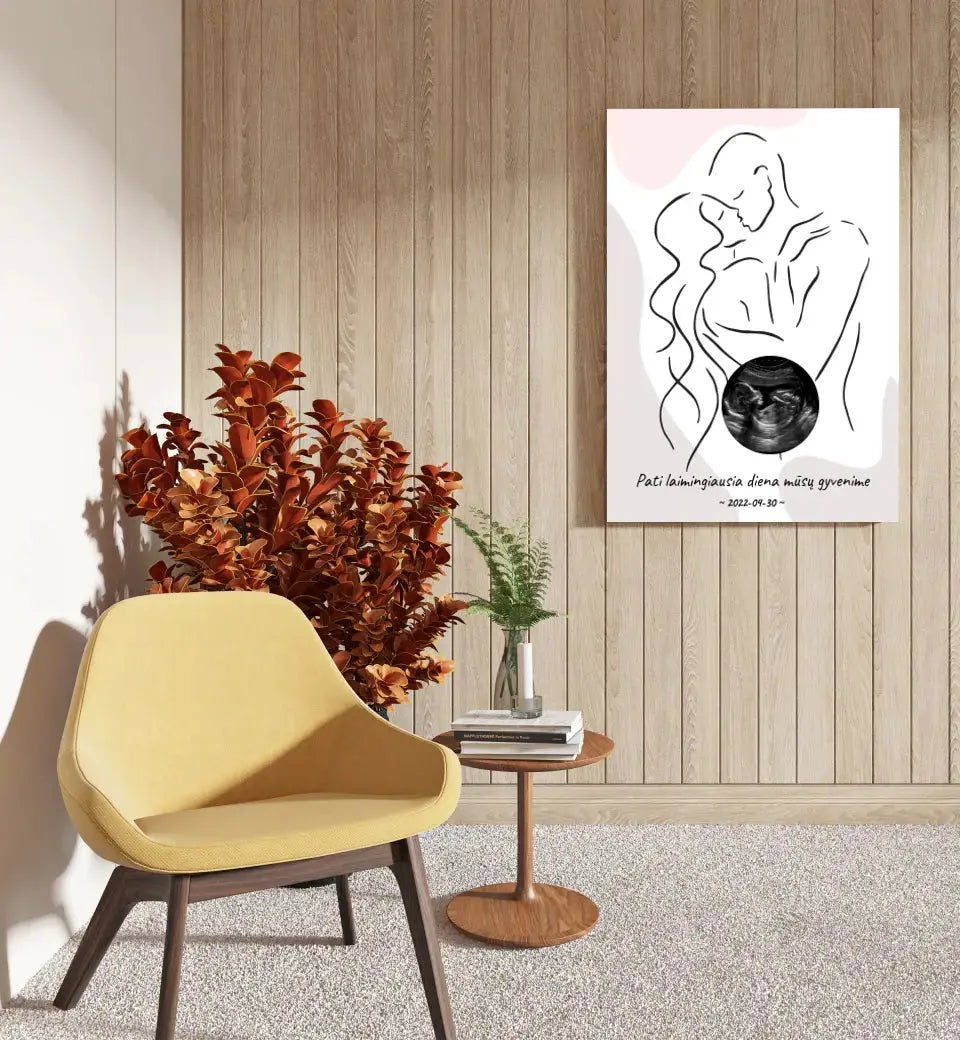 Personalizuotas nėščiųjų echoskopijos tyrimo spaudinys ant drobės, su jūsų nuotrauką ir linijine iliustracija Drobe - dovanokis.lt