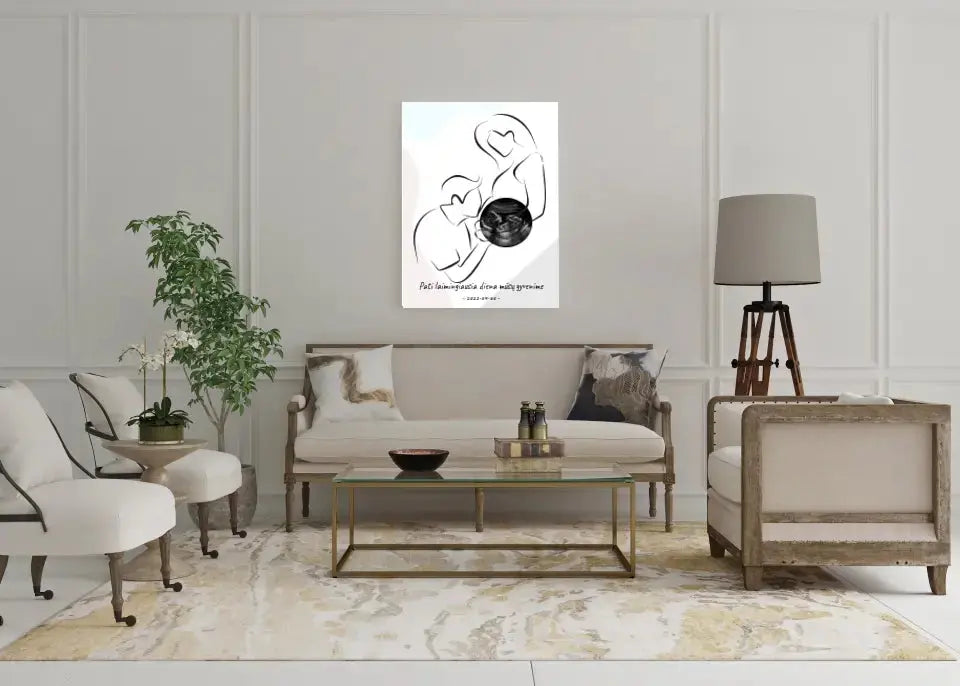 Personalizuotas nėščiųjų echoskopijos tyrimo spaudinys ant drobės, su jūsų nuotrauką ir linijine iliustracija Drobe - dovanokis.lt