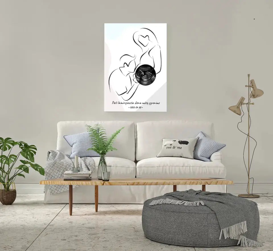 Personalizuotas nėščiųjų echoskopijos tyrimo spaudinys ant drobės, su jūsų nuotrauką ir linijine iliustracija Drobe - dovanokis.lt