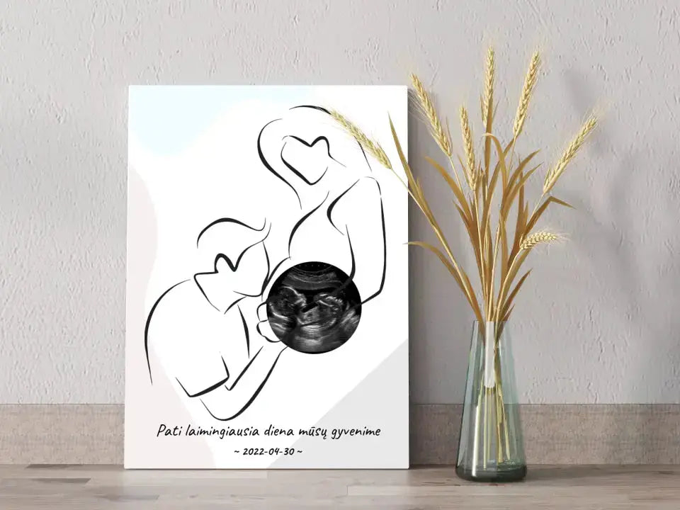 Personalizuotas nėščiųjų echoskopijos tyrimo spaudinys ant drobės, su jūsų nuotrauką ir linijine iliustracija Drobe - dovanokis.lt