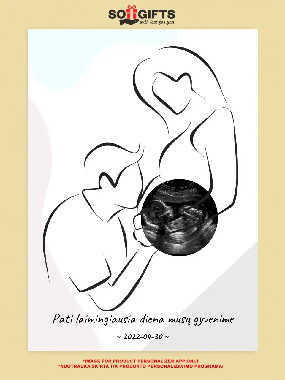 Personalizuotas nėščiųjų echoskopijos tyrimo spaudinys ant drobės, su jūsų nuotrauką ir linijine iliustracija Drobe - dovanokis.lt