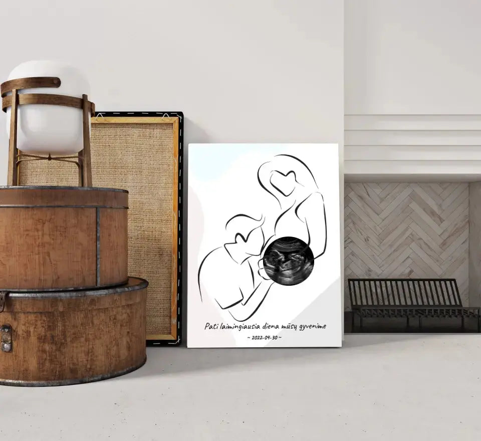 Personalizuotas nėščiųjų echoskopijos tyrimo spaudinys ant drobės, su jūsų nuotrauką ir linijine iliustracija Drobe - dovanokis.lt