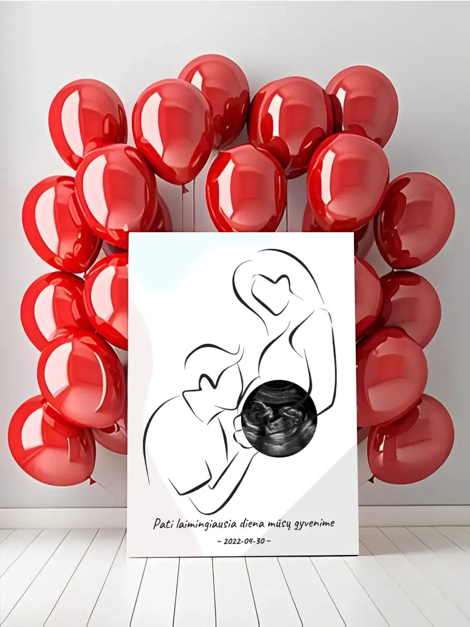 Personalizuotas nėščiųjų echoskopijos tyrimo spaudinys ant drobės, su jūsų nuotrauką ir linijine iliustracija Drobe - dovanokis.lt