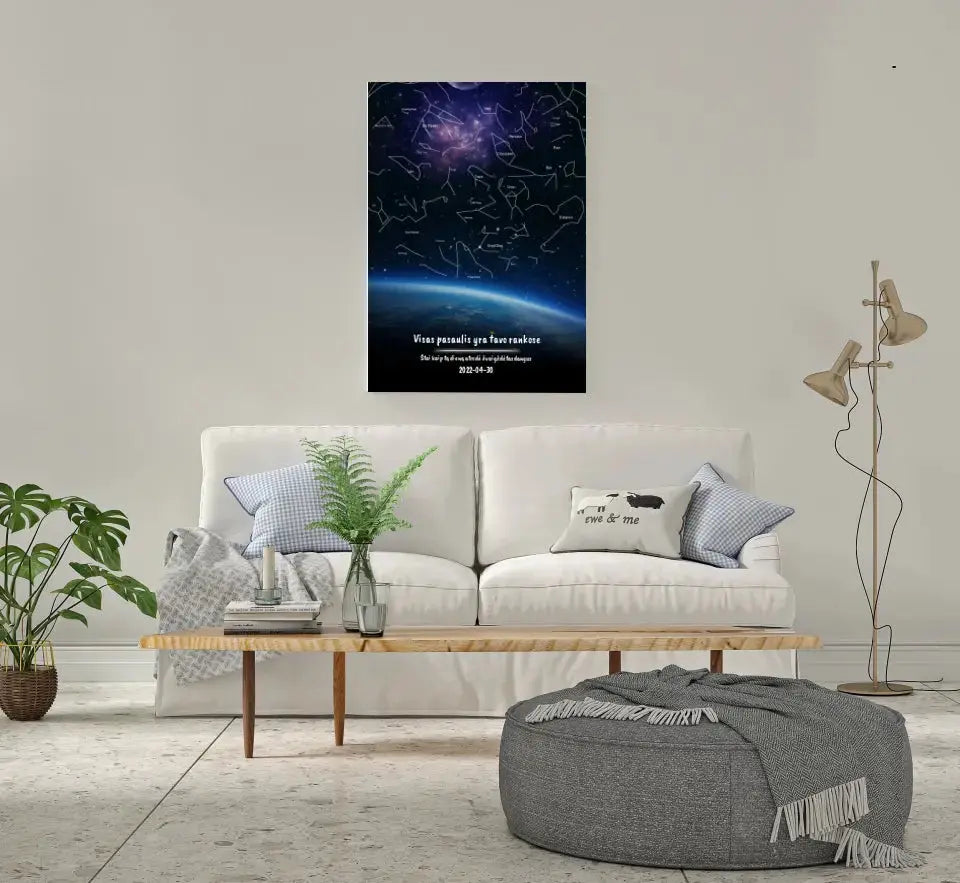 Personalizuotas viso spektro žvaigždžių žemėlapis ant drobės, žemės mėlynas šešėlis Drobe - dovanokis.lt