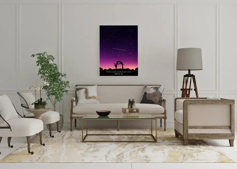 Personalizuotas viso spektro žvaigždžių žemėlapis ant drobės, su Meilės istorijos pasirinktu siluetu Drobe - dovanokis.lt