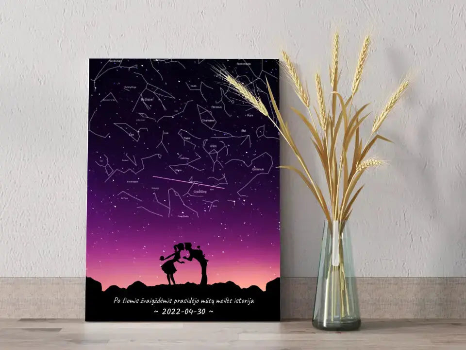 Personalizuotas viso spektro žvaigždžių žemėlapis ant drobės, su Meilės istorijos pasirinktu siluetu Drobe - dovanokis.lt