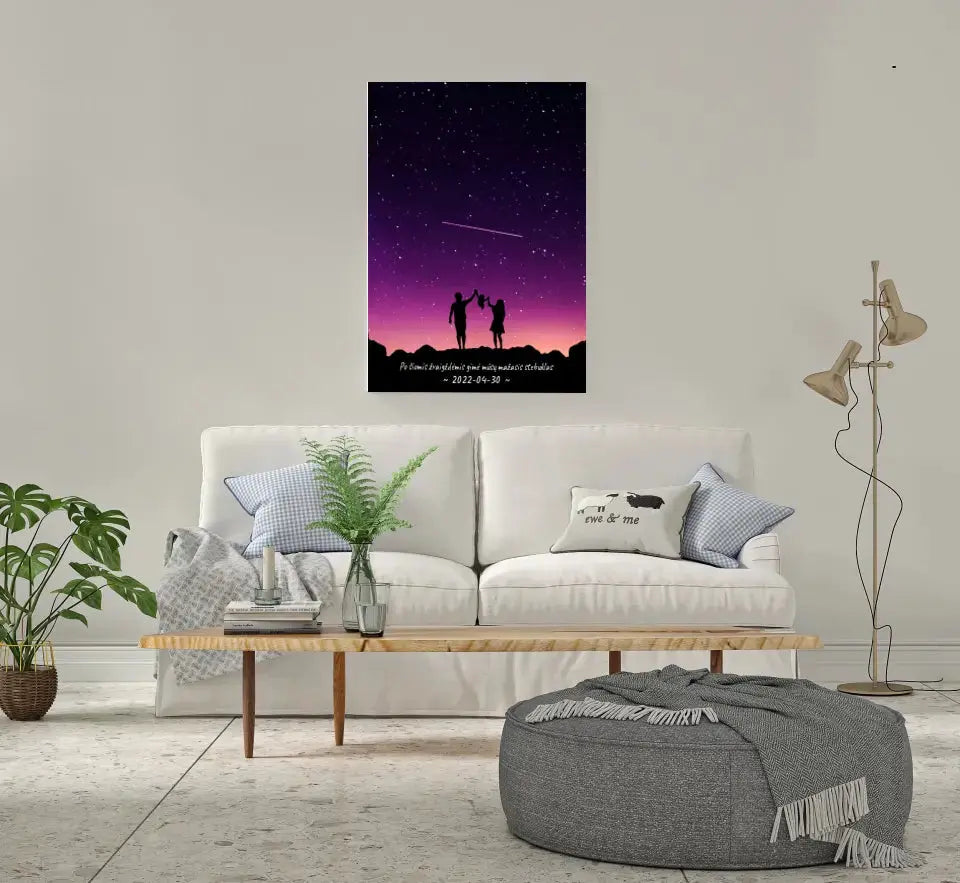 Personalizuotas viso spektro žvaigždžių žemėlapis ant drobės, su Šeimos pasirinktu siluetu Drobe - dovanokis.lt