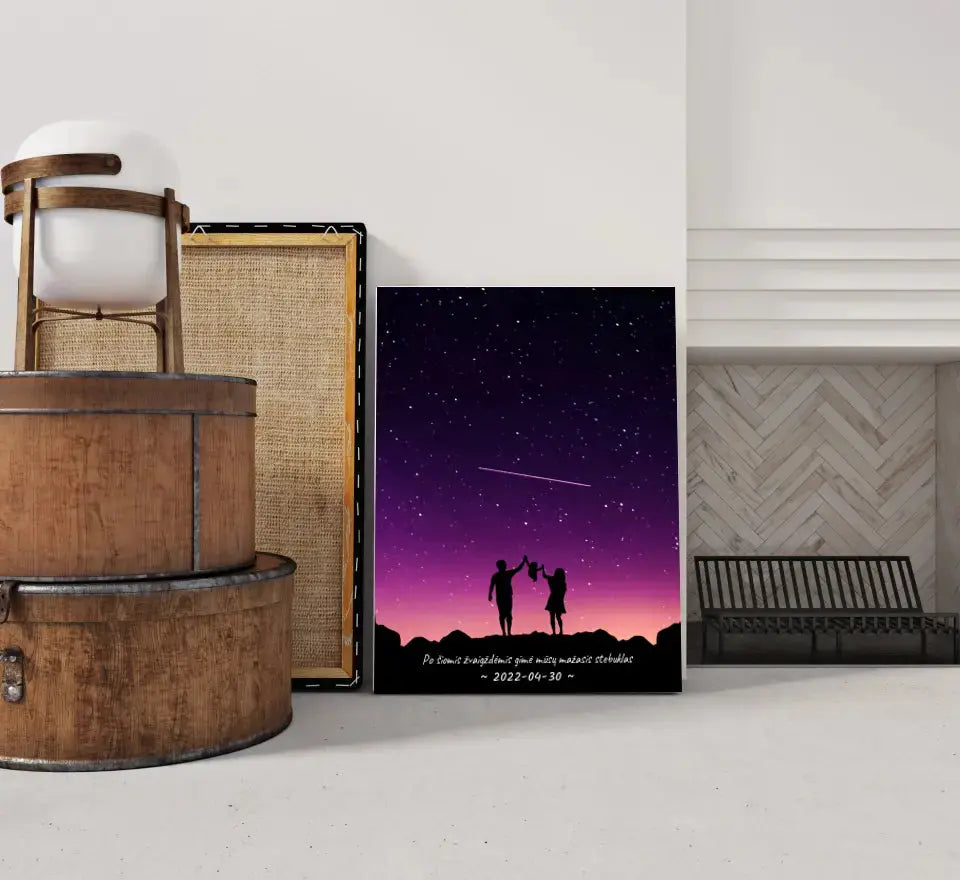 Personalizuotas viso spektro žvaigždžių žemėlapis ant drobės, su Šeimos pasirinktu siluetu Drobe - dovanokis.lt