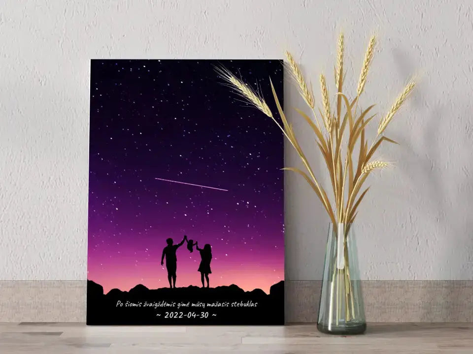 Personalizuotas viso spektro žvaigždžių žemėlapis ant drobės, su Šeimos pasirinktu siluetu Drobe - dovanokis.lt