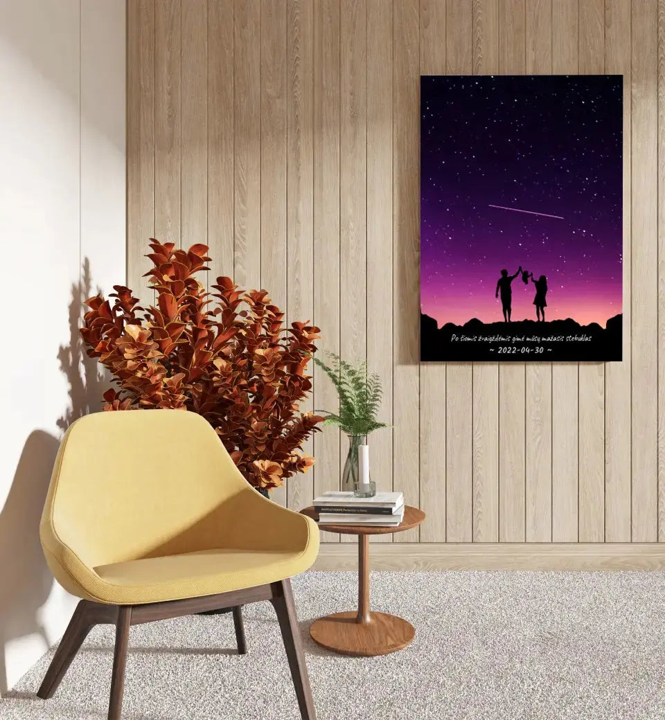 Personalizuotas viso spektro žvaigždžių žemėlapis ant drobės, su Šeimos pasirinktu siluetu Drobe - dovanokis.lt