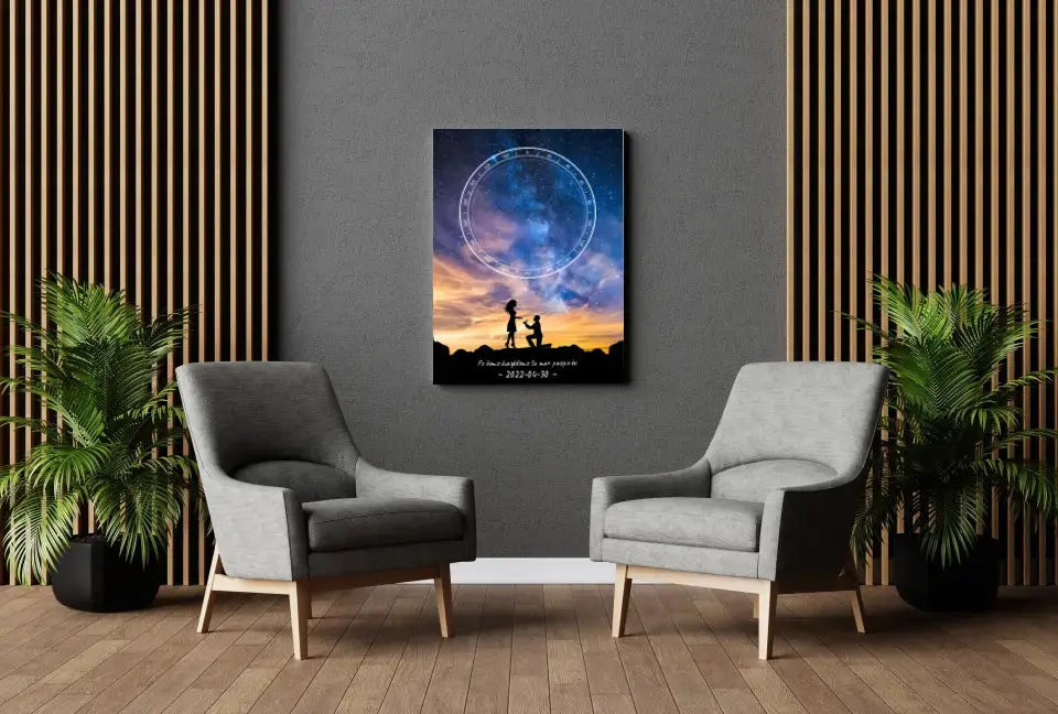 Personalizuotas žvaigždžių žemėlapis ant drobės, su santuokos pasiūlymo siluetu Drobe - dovanokis.lt